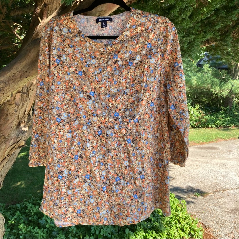 Lands End Floral Peasant Button Front Long Sleeve Top